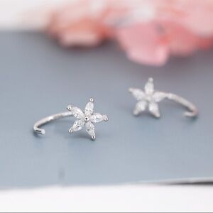 Cz Forget me not flower open Huggie hoop earrings in Sterling silver